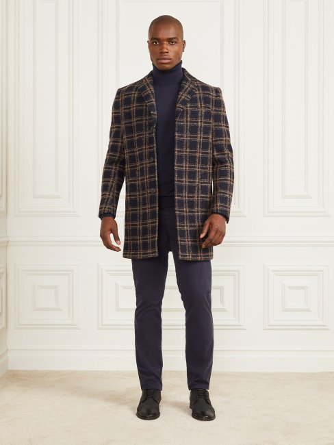 Guess Daily Manteau En Laine Mélangée à Boutonnage Simple Bleu Marron Macrocheck