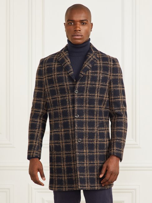 Guess Daily Manteau En Laine Mélangée à Boutonnage Simple Bleu Marron Macrocheck