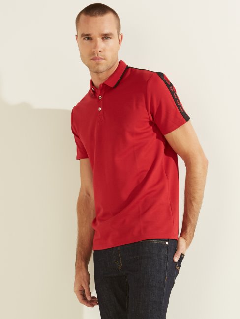 Polo Guess En Piqué à Bande Logo Rouge Piment