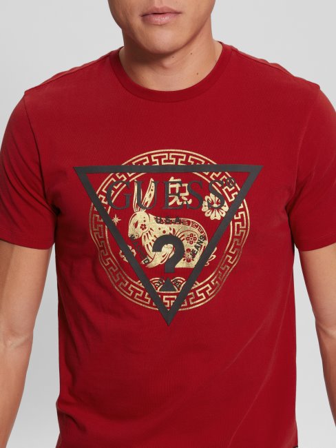 Tee Shirt Guess Logo Lapin Doré Rouge Piment