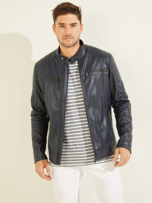Guess Blouson Moto Simili Cuir Bleu élégant
