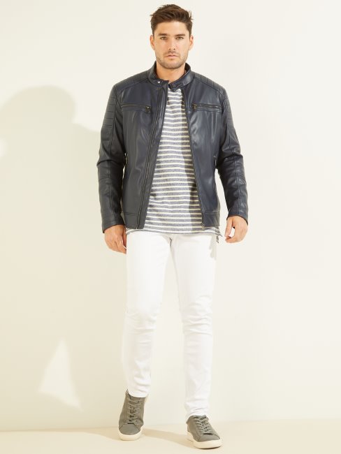 Guess Blouson Moto Simili Cuir Bleu élégant