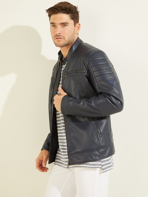 Guess Blouson Moto Simili Cuir Bleu élégant