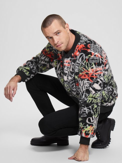 Blouson D'aviateur Graffiti En Fausse Fourrure Imprimé Graffiti Guess