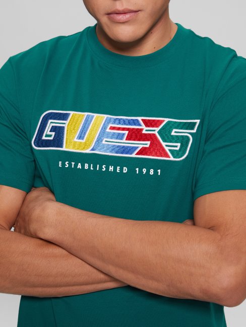 T-shirt à Logo Brodé Guess Eco Brock Tropique Bleu Sarcelle