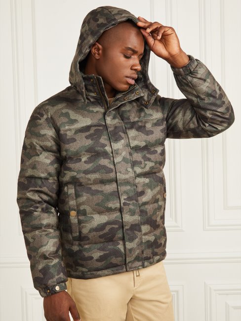 Guess Doudoune à Capuche Camou Chevrons Chiné