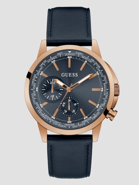 Montre Multifonction Guess Bleue En Métal Doré Rose Et Cuir Bleu Marine