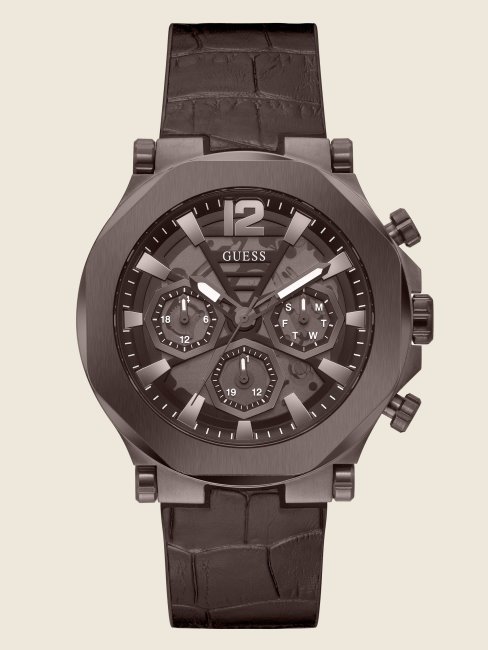 Montre Multifonction En Cuir Marron Brown Guess