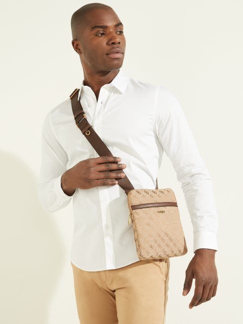 Sac à Bandoulière Plat En Jacquard Logo Guess Bambou