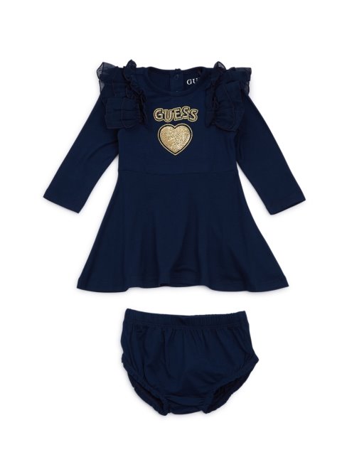 Guess Ensemble Robe Et Bloomer Logo Coeur Sequins (0-24m) Bleu Secret